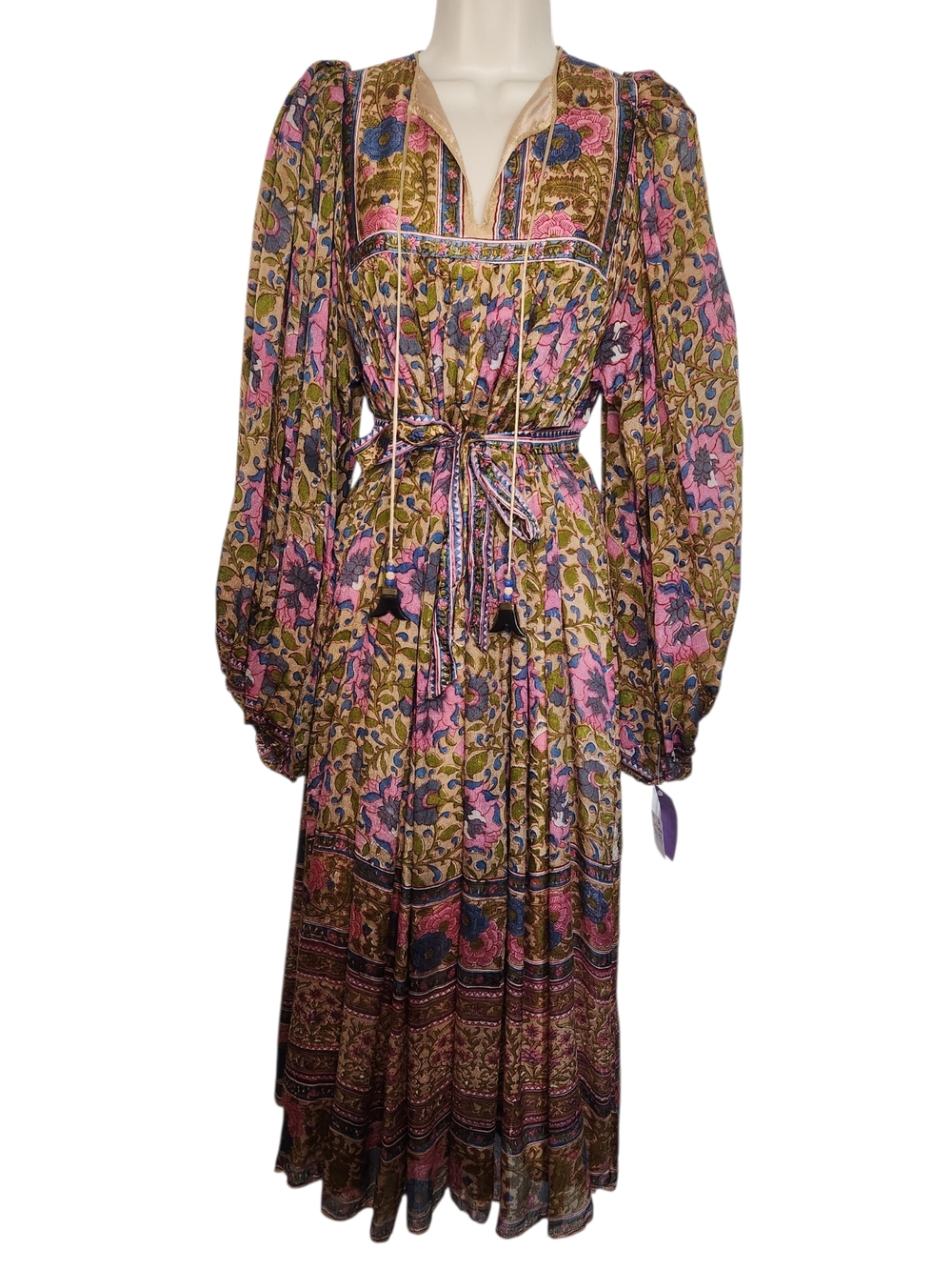 NWT Vintage 1970s Ritu Kumar for Judith Ann Silk Block Print Maxi Dress India